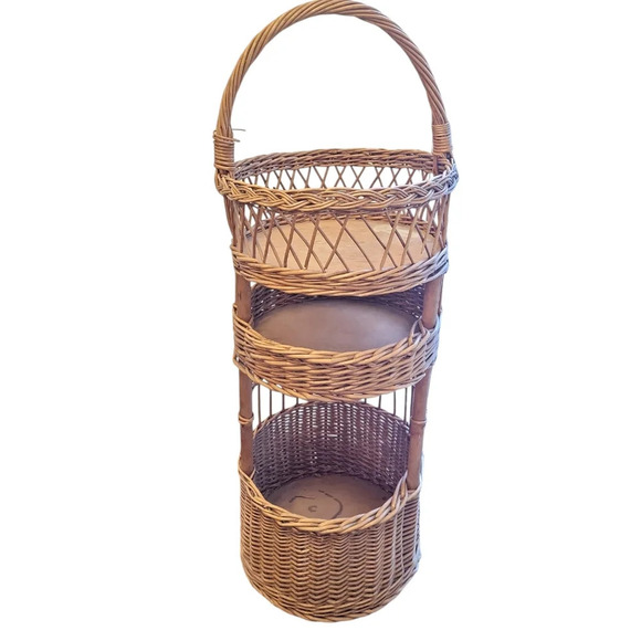 Mid 20th-Century Cottage Chic Bamboo & Willow Tiered Round Storage Basket Tower - Picture 1 of 6